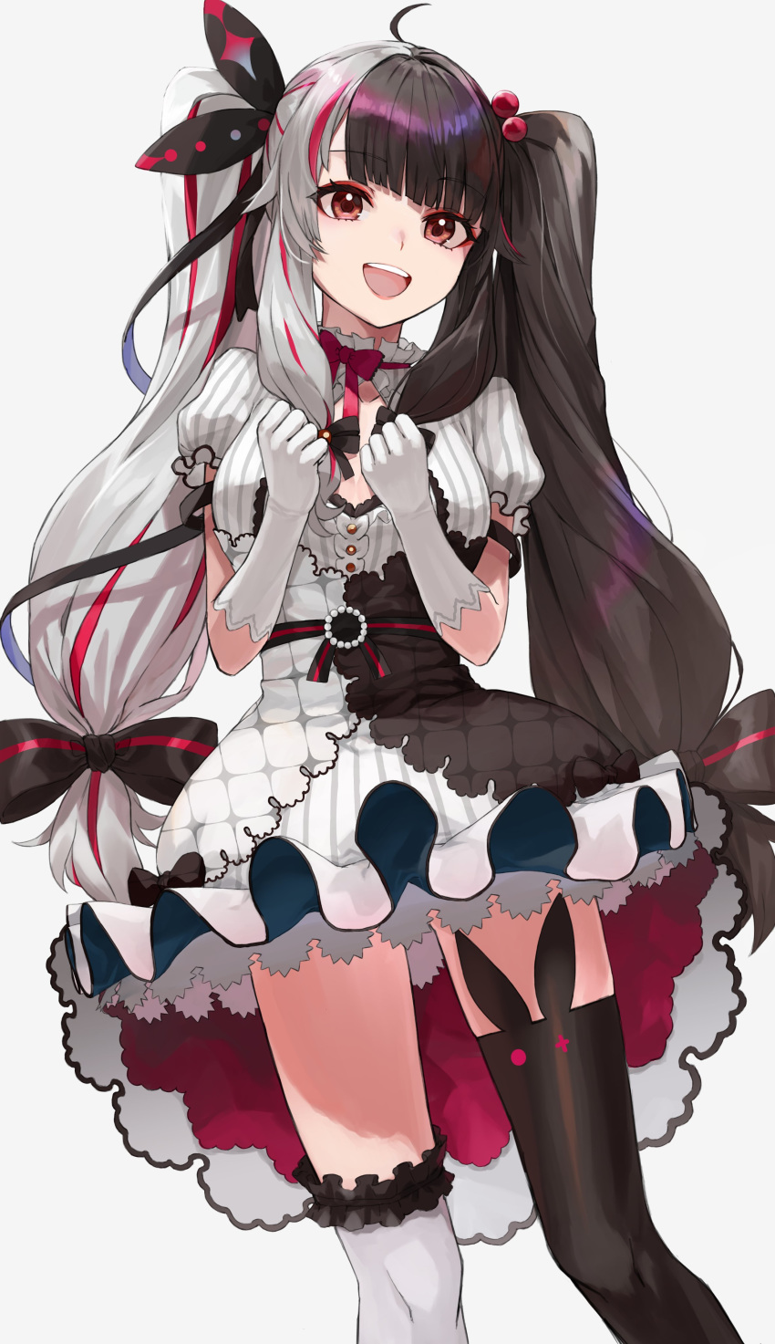 absurdres gloves hair_ornament highres long_hair mugcup multicolored_hair nijisanji open_mouth red_eyes ribbon simple_background thigh-highs virtual_youtuber white_background yorumi_rena