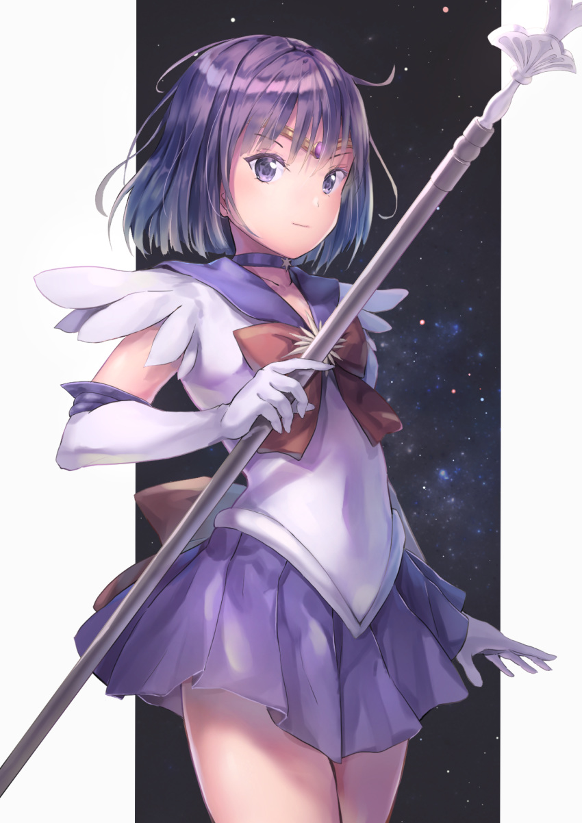 1girl bangs bishoujo_senshi_sailor_moon bow bowtie choker circlet collarbone collared_shirt cowboy_shot elbow_gloves gloves hair_between_eyes highres holding holding_staff kyon_(kyouhei-takebayashi) miniskirt pleated_skirt purple_choker purple_hair purple_sailor_collar purple_skirt red_bow red_neckwear sailor_collar sailor_saturn sailor_senshi_uniform sailor_shirt shiny shiny_hair shirt short_hair skirt solo staff standing white_gloves white_shirt