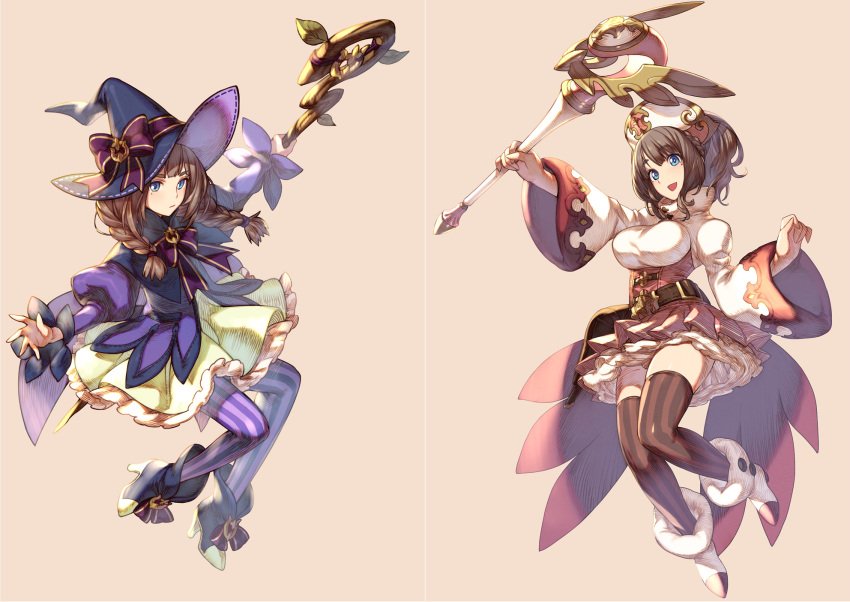 2girls :d ankle_boots blue_eyes boots bow braid breasts brown_hair brown_legwear closed_mouth dress eyebrows_visible_through_hair hand_up hat hat_bow high_heel_boots high_heels highres holding holding_staff juliet_sleeves kotatsu_(g-rough) large_breasts long_sleeves looking_at_viewer mole mole_under_eye multiple_girls open_mouth original pantyhose pink_background puffy_sleeves purple_bow purple_dress purple_headwear siblings simple_background sisters smile staff striped striped_legwear twin_braids vertical_stripes wide_sleeves witch_hat