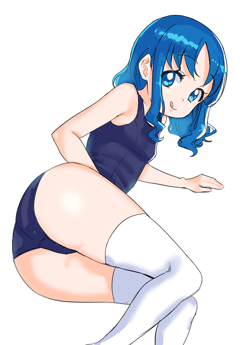 1girl :q absurdres ass blue_eyes blue_hair from_behind heartcatch_precure! highres hisaki kurumi_erika legs looking_back lying on_side one-piece_swimsuit precure school_swimsuit short_hair simple_background smile solo swimsuit thigh-highs thighs tongue tongue_out white_background white_legwear