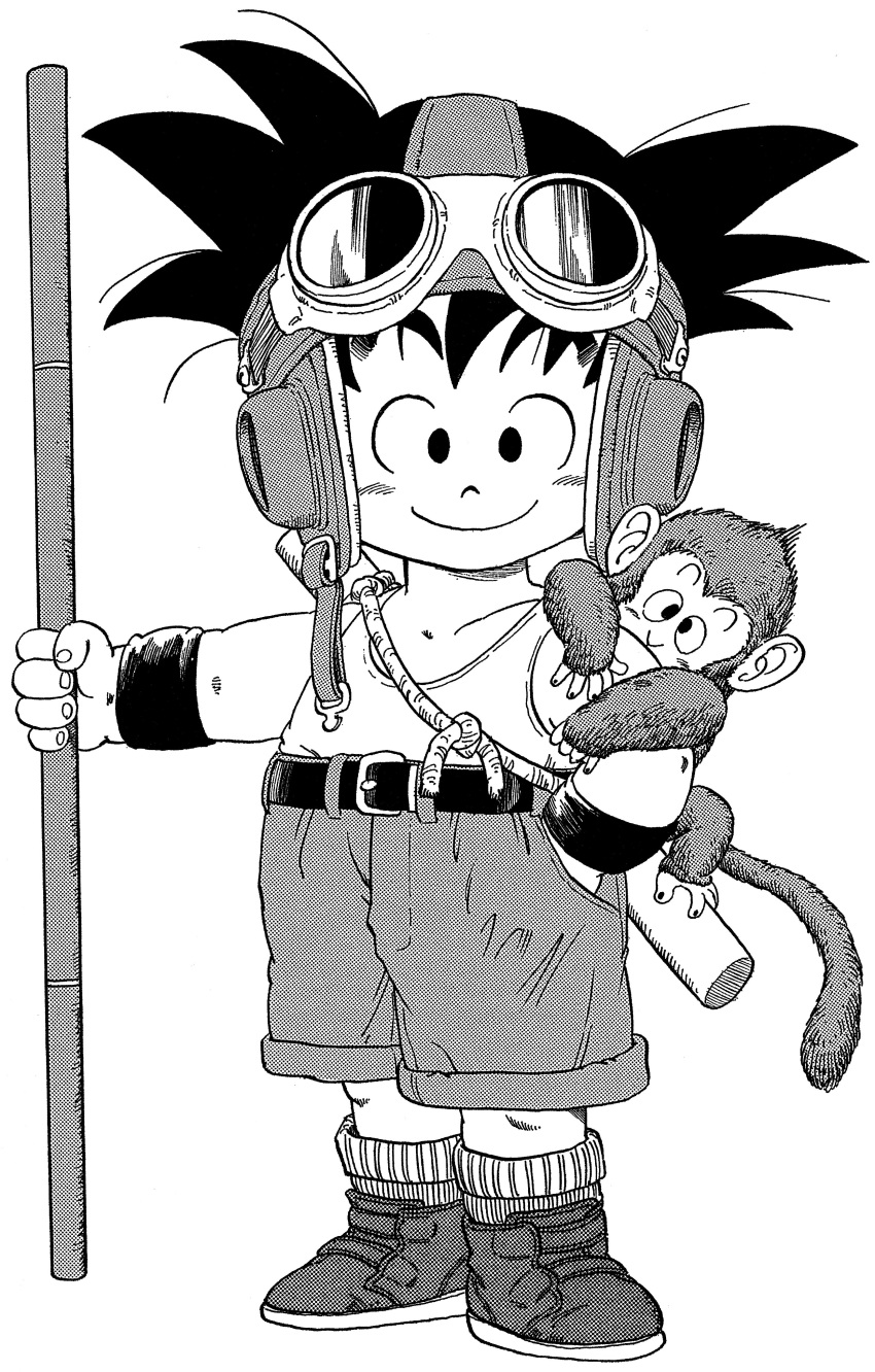 1boy absurdres alternate_costume animal animal_on_shoulder ankle_boots arm_at_side bare_arms bare_shoulders belt black_eyes black_footwear black_hair boots child closed_mouth collarbone commentary dragon_ball dragon_ball_(classic) fingernails full_body goggles goggles_on_head greyscale hand_in_pocket happy highres holding holding_weapon looking_at_viewer male_focus messy_hair monkey monkey_tail monochrome nyoibo official_art short_shorts shorts simple_background smile socks son_gokuu spiky_hair standing tail tank_top toriyama_akira weapon white_background white_tank_top wristband