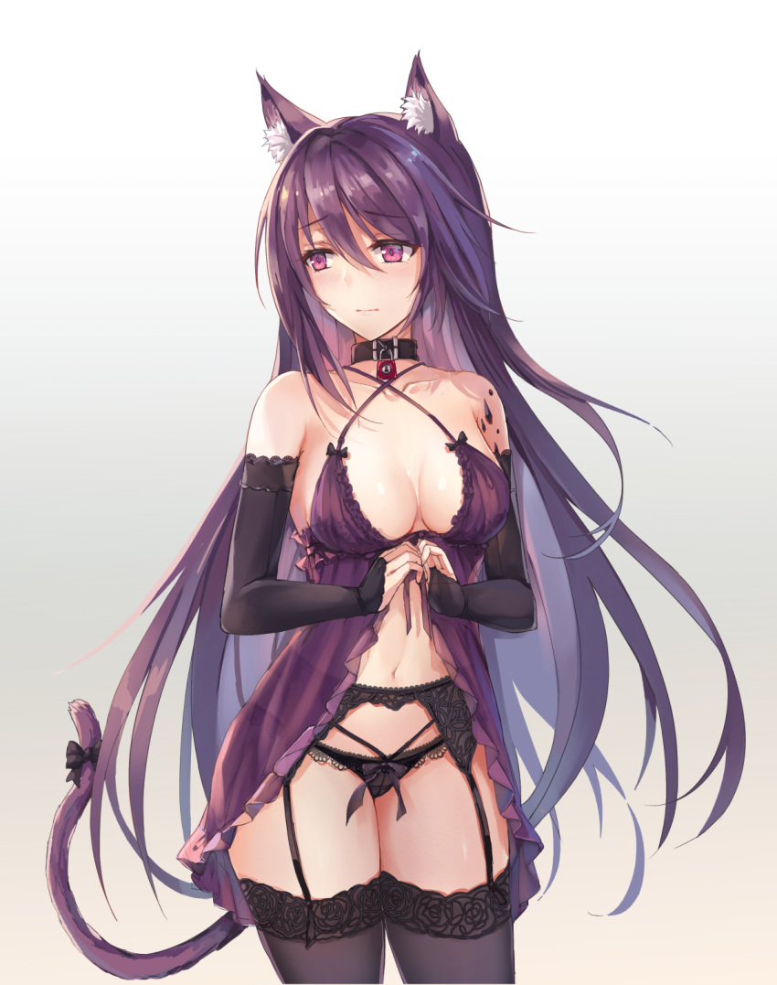 1girl animal_ear_fluff animal_ears arknights bangs black_panties bow breasts bridal_gauntlets cat_ears cat_tail collar embarrassed garter_belt hair_between_eyes highres lingerie lock long_hair looking_at_viewer melantha_(arknights) negligee padlock padlocked_collar panties pink_eyes purple_hair purple_legwear sidelocks solo tail tail_bow underwear yuemanhuaikong