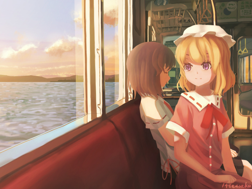 148nasuka 2girls artist_name blonde_hair brown_hair clouds commentary_request gradient_sky ground_vehicle hand_on_lap hat highres light_smile long_hair looking_to_the_side maribel_hearn mob_cap mountainous_horizon multiple_girls neck_ribbon necktie no_lineart ocean pink_shirt purple_skirt red_neckwear ribbon scenery shirt short_hair short_sleeves skirt sky sleeping touhou train train_interior twilight usami_renko very_long_hair violet_eyes white_headwear white_shirt