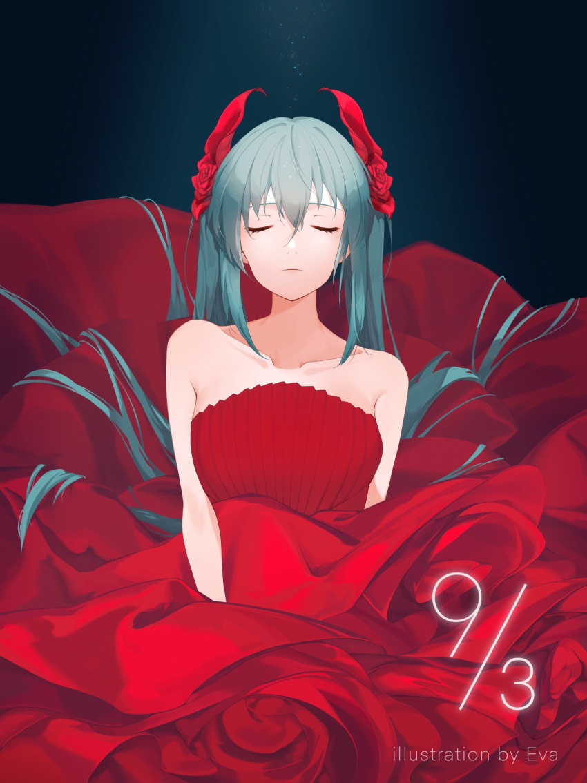 1girl 39 absurdres alternate_costume alternate_hair_ornament arms_at_sides artist_name bare_arms bare_shoulders breasts closed_eyes closed_mouth collarbone commentary dark_background darkness dated dress english_text eva expressionless eyelashes facing_viewer flower green_hair hair_between_eyes hair_flower hair_ornament hatsune_miku highres light_particles long_dress long_hair medium_breasts mouth_hold number puffy_dress red_dress red_flower red_rose red_theme rose see-through shaded_face sidelocks solo spotlight straight_hair strapless strapless_dress tareme twintails upper_body very_long_hair vignetting vocaloid