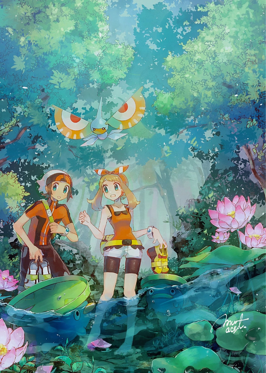 1boy 1girl bike_shorts blue_eyes brown_hair bubble fanny_pack gen_3_pokemon hairband haruka_(pokemon) hat highres holding holding_clothes holding_footwear long_hair lotad masquerain mu_acrt open_mouth outdoors pokemon pokemon_(creature) pokemon_(game) pokemon_oras red_hairband red_tank_top short_sleeves signature tank_top tree wading water yellow_footwear yuuki_(pokemon)