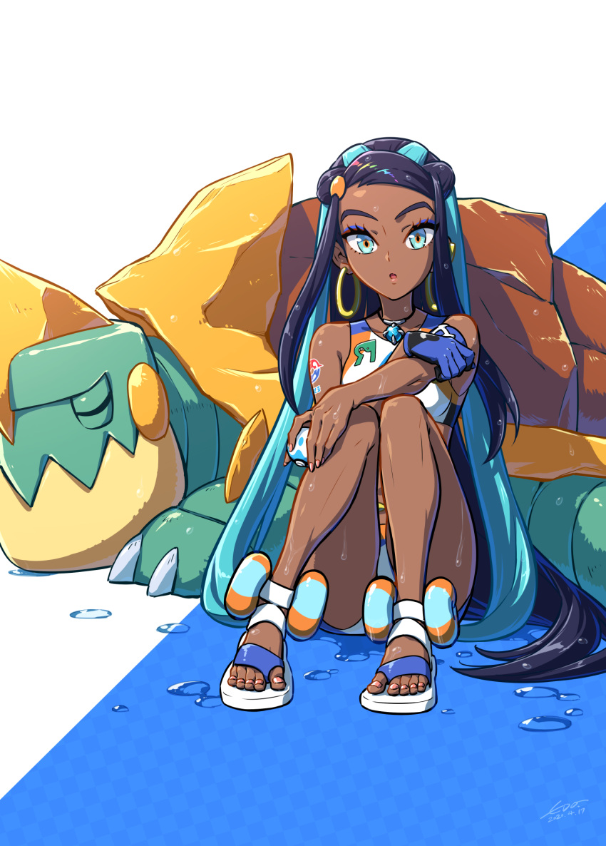 1girl aqua_hair armlet belly_chain black_hair commentary_request dark_skin dive_ball drednaw earrings eyelashes gen_8_pokemon gloves gym_leader highres holding holding_poke_ball hoop_earrings jewelry knees_together_feet_apart long_hair looking_at_viewer makeup multicolored_hair necklace poke_ball pokemon pokemon_(creature) pokemon_(game) pokemon_swsh rurina_(pokemon) sandals single_glove toes two-tone_hair wedo wet