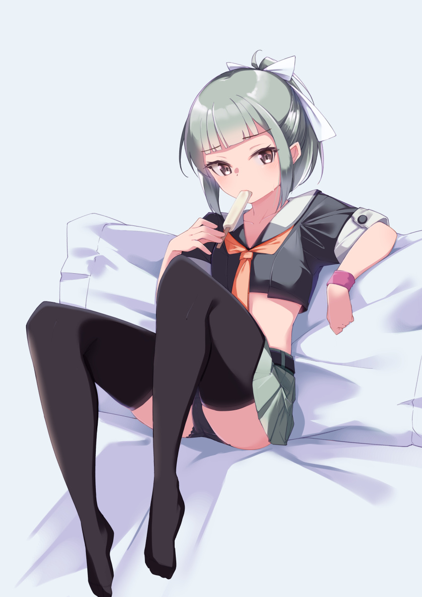 1girl absurdres bangs beige_sailor_collar black_legwear black_panties black_shirt blunt_bangs bow brown_eyes food full_body grey_hair grey_skirt hair_bow highres kantai_collection looking_at_viewer midriff neckerchief orange_neckwear panties pantyshot pink_wristband pleated_skirt ponytail popsicle remodel_(kantai_collection) sailor_collar sailor_shirt school_uniform serafuku shirt sitting skirt solo thigh-highs underwear uut wristband yuubari_(kantai_collection)