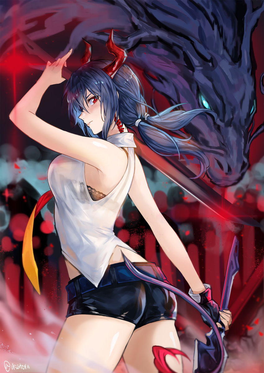 1girl arknights arm_up ass bangs bare_shoulders black_bra blue_hair bra breasts ch'en_(arknights) dragon dragon_horns dragon_tail dual_wielding gloves hair_between_eyes headset highres holding holding_sword holding_weapon horns long_hair looking_at_viewer medium_breasts red_eyes see-through shirt shorts sidelocks sleeveless solo sword tail thighs underwear usatorii weapon white_shirt