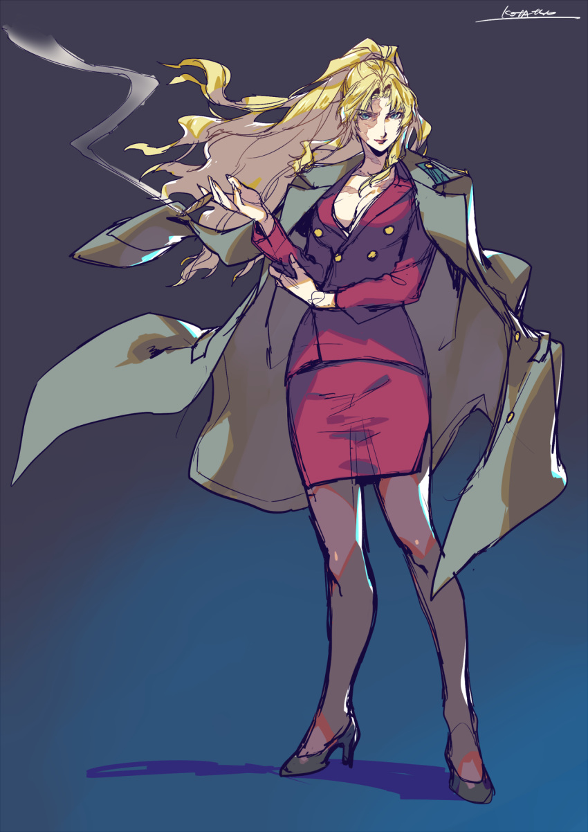 1girl balalaika_(black_lagoon) bangs black_footwear black_lagoon blonde_hair blue_background blue_eyes breasts brown_legwear burn_scar cigar closed_mouth coat coat_on_shoulders double-breasted floating_hair full_body gradient gradient_background grey_coat high_heels highres holding holding_cigar jacket kotatsu_(g-rough) large_breasts long_hair long_sleeves looking_at_viewer miniskirt pantyhose parted_bangs pencil_skirt ponytail red_jacket red_skirt scar signature skirt smoke solo