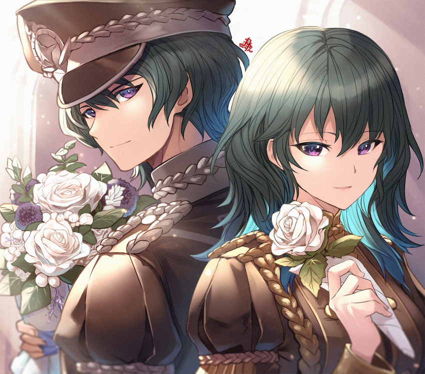 1boy 1girl blue_eyes blue_hair byleth_(fire_emblem) byleth_eisner_(female) byleth_eisner_(male) closed_mouth fire_emblem fire_emblem:_three_houses flower garreg_mach_monastery_uniform hat highres holding holding_flower long_sleeves nakabayashi_zun short_hair uniform upper_body