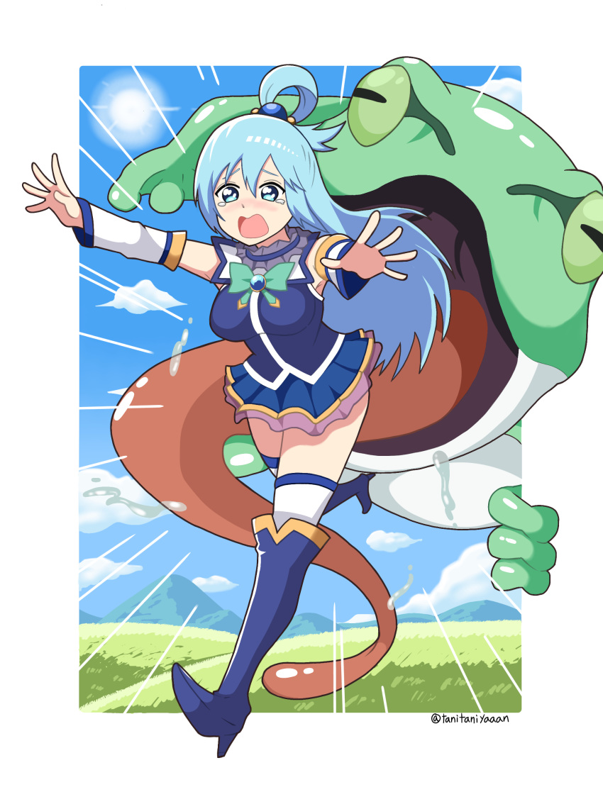 1girl absurdres aqua_(konosuba) artist_name bangs blue_eyes blue_hair blush boots breasts clouds commentary_request day detached_sleeves fleeing frog grass hair_bobbles hair_ornament high_heel_boots high_heels highres kono_subarashii_sekai_ni_shukufuku_wo! long_hair open_mouth outdoors outstretched_arms pleated_skirt running shiny shiny_hair skirt sky tanitaniyaaan tearing_up thigh-highs tied_hair tongue white_legwear