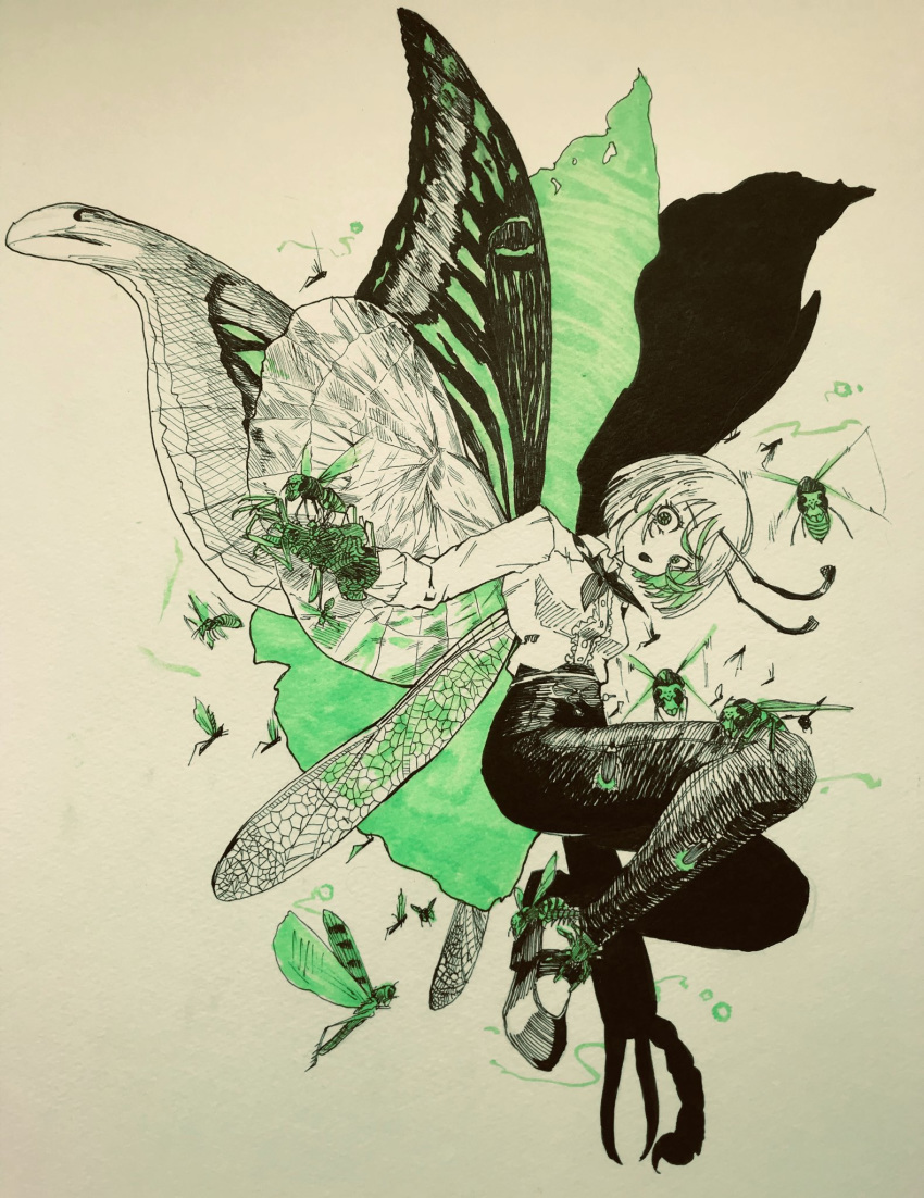 1girl alternate_wings anderson_m0311 antennae asymmetrical_wings bug butterfly_wings cape dragonfly_wings fireflies firefly full_body green_eyes green_hair highres insect insect_girl insect_wings limited_palette monochrome moth_wings multiple_wings open_mouth short_hair simple_background solo spot_color touhou white_background wings wriggle_nightbug