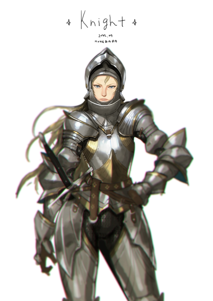1girl absurdres armor belt blonde_hair contrapposto cowter helmet highres hong_soon-jae knight lips long_hair looking_at_viewer pauldrons plate_armor shoulder_armor solo sword two-handed_sword weapon white_background