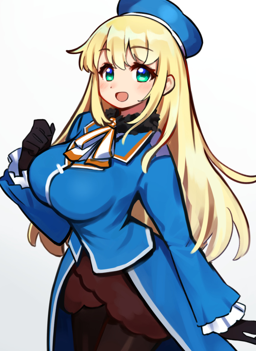 1girl atago_(kantai_collection) bangs beret black_gloves black_legwear blonde_hair blue_headwear blush breasts eyebrows_visible_through_hair gloves green_eyes gyunre hat highres kantai_collection large_breasts long_hair long_sleeves military military_uniform open_mouth pantyhose simple_background solo uniform white_background