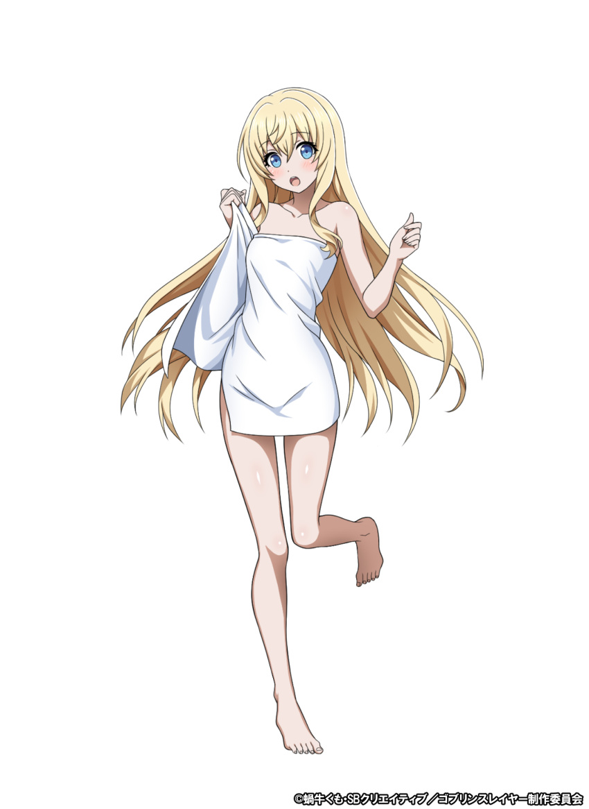 1girl bangs barefoot blonde_hair blue_eyes blush collarbone eyebrows_visible_through_hair flat_chest floating_hair full_body goblin_slayer! hair_between_eyes head_tilt highres long_hair looking_at_viewer naked_towel official_art open_mouth priestess_(goblin_slayer!) shiny shiny_skin simple_background solo standing towel very_long_hair white_background white_towel