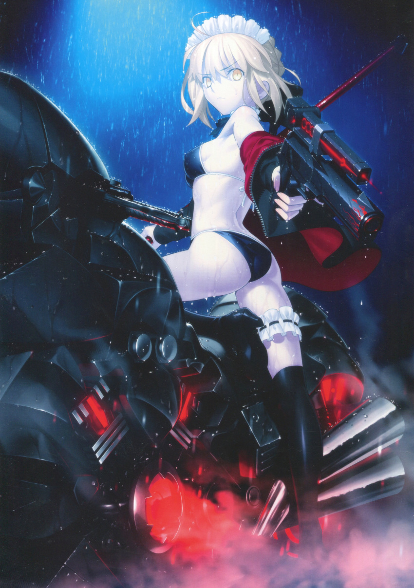 1girl absurdres ahoge artoria_pendragon_(all) artoria_pendragon_(swimsuit_rider_alter) ass bikini black_bikini black_footwear black_legwear blonde_hair boots breasts closed_mouth fate/grand_order fate_(series) floating_hair from_below frown ground_vehicle gun high_heel_boots high_heels highres holding holding_gun holding_sword holding_weapon looking_at_viewer maid_headdress motor_vehicle motorcycle night outdoors rain short_hair sideboob small_breasts solo swimsuit sword takeuchi_takashi thigh-highs thigh_boots weapon yellow_eyes