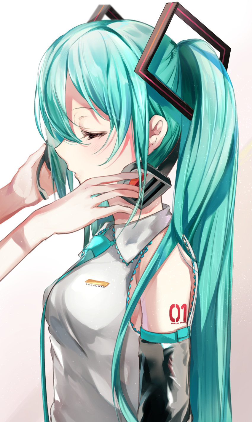 1girl absurdres adjusting_headphones aqua_hair aqua_neckwear bare_shoulders black_sleeves breasts closed_eyes detached_sleeves from_side hair_ornament hands_on_another's_face hatsune_miku headphones headset highres long_hair necktie shiny shiny_clothes shirt shoulder_tattoo small_breasts tattoo tsukasa_(pixiv34617881) twintails very_long_hair vocaloid white_shirt