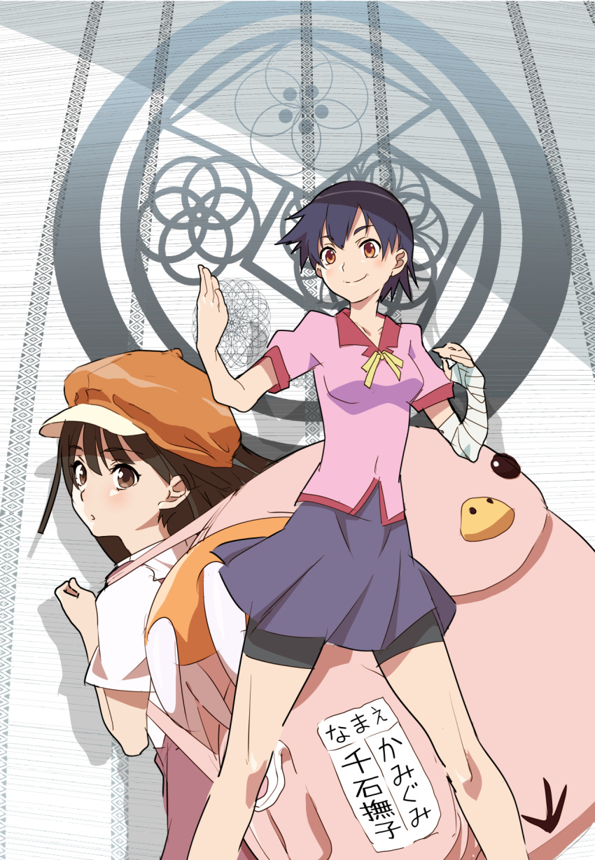 2girls alternate_costume bandaged_arm bandages bangs bike_shorts black_hair bow brown_eyes brown_hair brown_skirt cabbie_hat closed_mouth commentary cosplay crest feet_out_of_frame fighting_stance hachikuji_mayoi hachikuji_mayoi_(cosplay) hat highres kanbaru_suruga long_hair looking_back monogatari_(series) multiple_girls naoetsu_high_school_uniform neck_ribbon pink_backpack pink_shirt pleated_skirt purple_skirt pursed_lips ribbon school_uniform sengoku_nadeko shadow shirt short_hair short_sleeves shorts shorts_under_skirt skirt smile spoilers thick_eyebrows translated very_short_hair washu_junkyu white_shirt yellow_bow yellow_ribbon