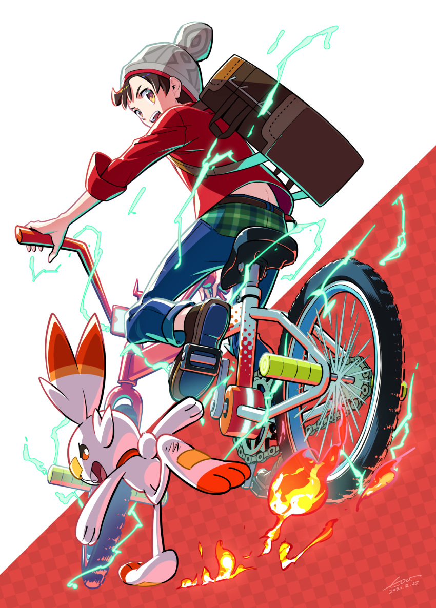 1boy backpack bag bangs beanie bicycle blue_pants brown_backpack brown_hair commentary_request fire from_below gen_8_pokemon grey_headwear ground_vehicle hat highres holding looking_back looking_down masaru_(pokemon) open_mouth orange_eyes pants pokemon pokemon_(creature) pokemon_(game) pokemon_swsh red_shirt riding_bicycle scorbunny shirt shoes sleeves_rolled_up teeth tongue wedo
