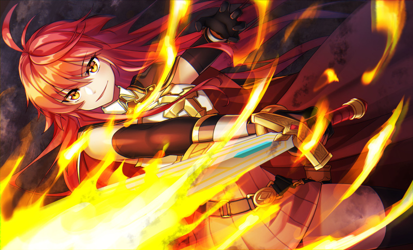 1girl ahoge bangs black_gloves black_legwear black_sleeves breastplate cermia closed_mouth detached_sleeves elbow_gloves epic7 eyebrows_visible_through_hair fire floating_hair gloves grey_skirt hair_between_eyes highres holding holding_sword holding_weapon long_hair long_sleeves looking_at_viewer miniskirt redhead shiny shiny_hair skirt smile solo sword thigh-highs very_long_hair wanwanlove weapon wing_collar yellow_eyes