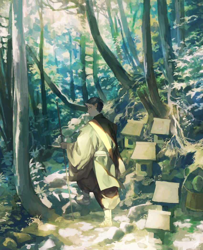 1boy absurdres black_hair cane day forest highres hise horns japanese_clothes looking_back male_focus nature oni oni_horns original outdoors sandals scenery short_hair standing stone_lantern tree wide_sleeves