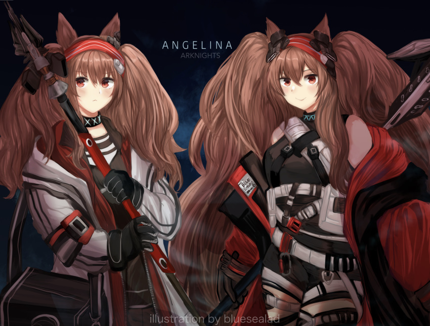 2girls angelina_(arknights) animal_ears arknights artist_name bangs bare_shoulders belt black_choker black_gloves blue_sela brown_hair character_name choker commentary dual_persona eyebrows_visible_through_hair fox_ears gloves hair_between_eyes hairband highres holding holding_staff jacket long_hair long_sleeves looking_at_viewer multiple_girls off_shoulder open_clothes open_jacket red_eyes red_hairband smile staff twintails very_long_hair white_belt white_jacket