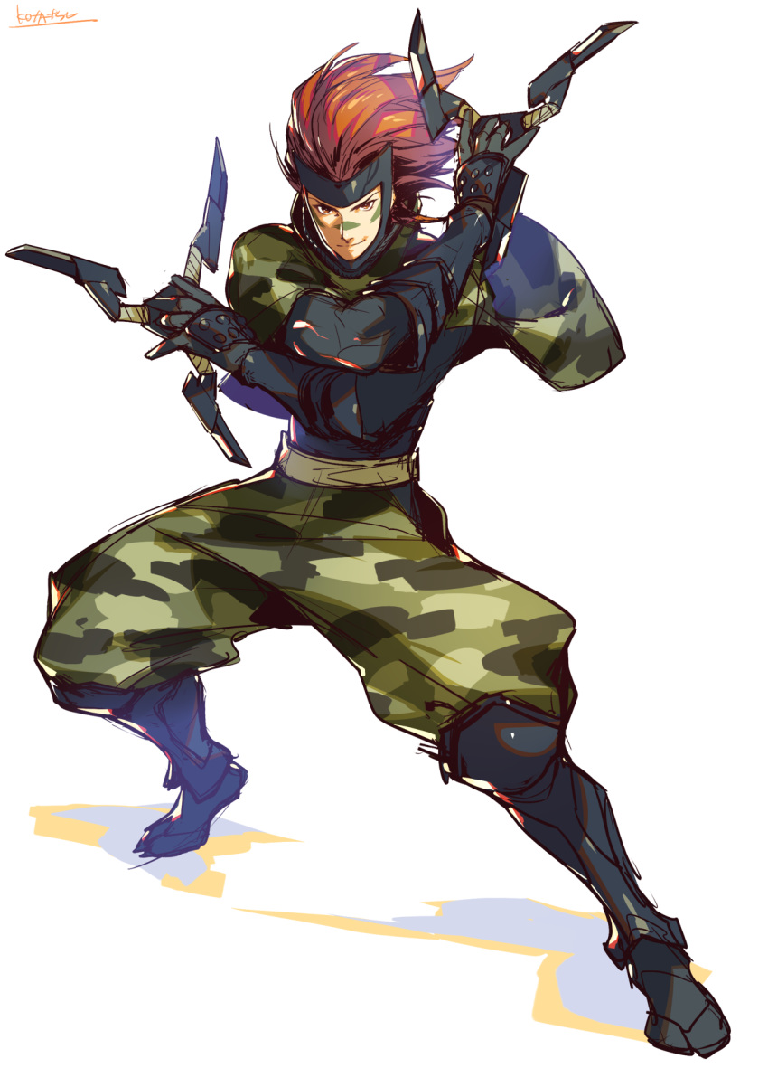 1boy black_footwear black_gloves boots camouflage camouflage_pants closed_mouth facepaint full_body gloves green_pants highres holding knee_boots kotatsu_(g-rough) legs_apart looking_at_viewer male_focus pants red_eyes redhead sarutobi_sasuke sengoku_basara signature simple_background smile solo white_background