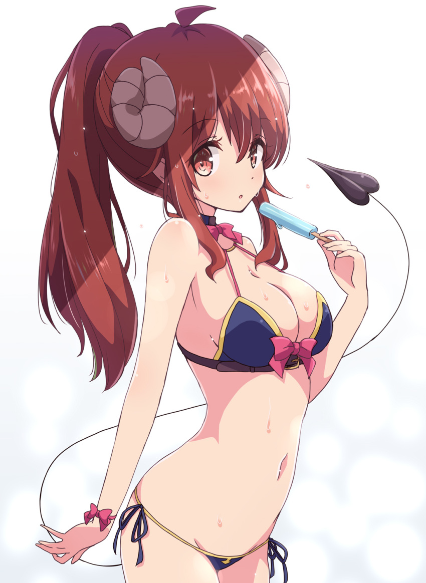 1girl ahoge bikini blush brown_eyes brown_hair curled_horns demon_girl demon_horns demon_tail eyebrows_visible_through_hair food highres horns long_hair machikado_mazoku mel_(melty_pot) ponytail popsicle side-tie_bikini simple_background solo swimsuit tail wet white_background yoshida_yuuko_(machikado_mazoku)