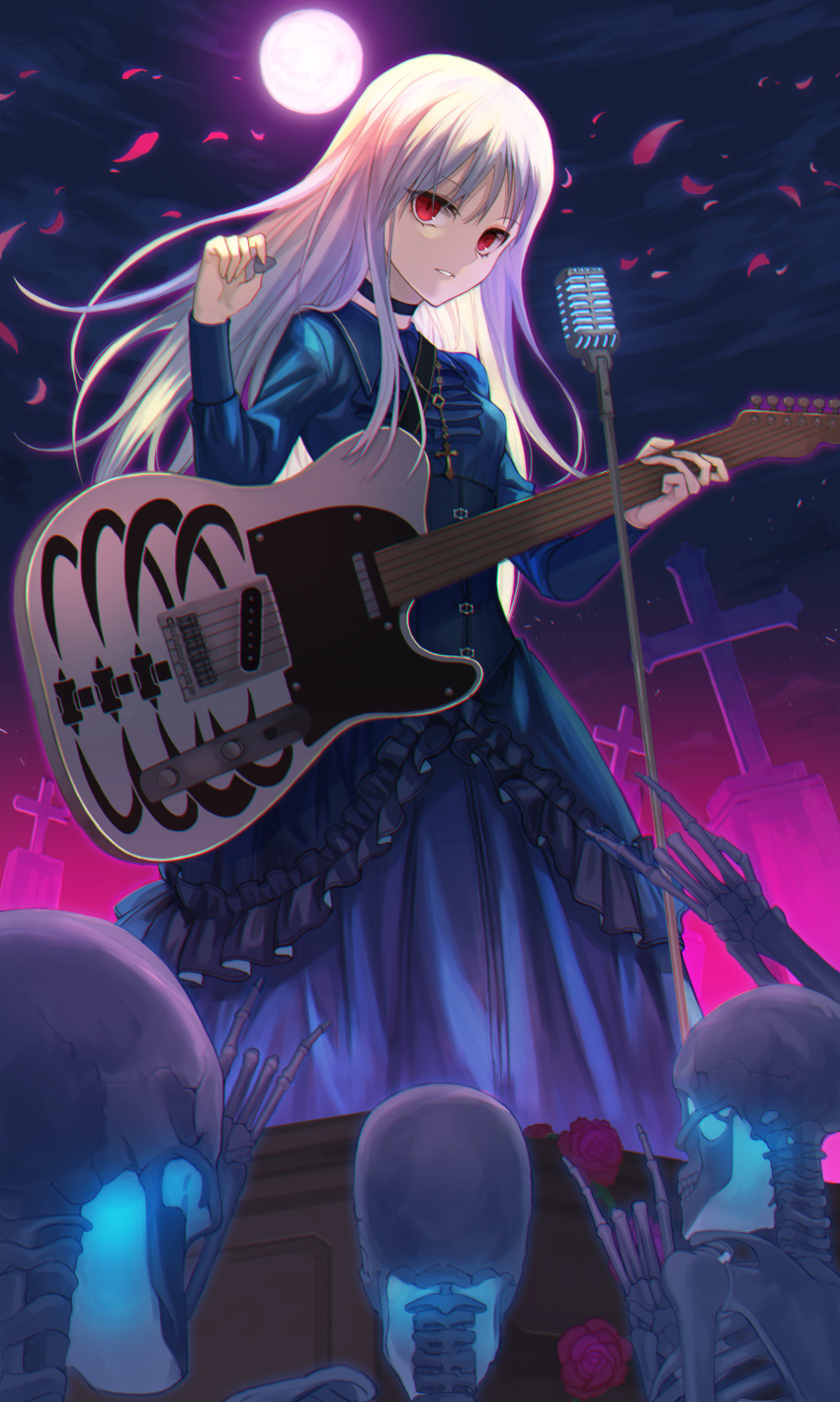 1girl absurdres amahara_subaru bangs blue_choker blue_dress bustier choker dress floating_hair from_below full_moon gothic gothic_lolita guitar hair_between_eyes highres holding holding_instrument huge_filesize instrument lolita_fashion long_dress long_hair long_sleeves microphone_stand moon music night original outdoors parted_lips playing_instrument red_eyes shiny shiny_hair silver_hair skeleton solo standing straight_hair very_long_hair