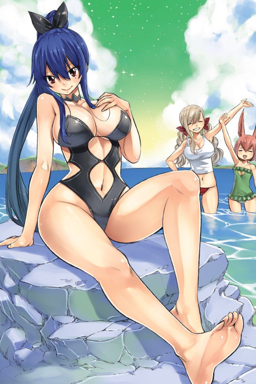 3girls :d absurdres animal_ears arm_up bangs barefoot bikini bikini_bottom black_swimsuit blue_hair bow breasts casual_one-piece_swimsuit choker closed_eyes clouds collarbone day eden's_zero eyebrows_visible_through_hair frilled_swimsuit frills full_body green_sky green_swimsuit grin hair_between_eyes hair_bow heart heart_print highres homura_kogetsu large_breasts long_hair looking_at_viewer mashima_hiro multiple_girls navel ocean official_art one-piece_swimsuit open_mouth outdoors pink_hair pino_(eden's_zero) rabbit_ears rebecca_(eden's_zero) red_bikini red_bow red_eyes shiny shiny_hair shirt short_hair silver_hair sitting sleeveless sleeveless_shirt smile soles stomach_cutout strapless strapless_swimsuit swimsuit very_long_hair wading white_shirt