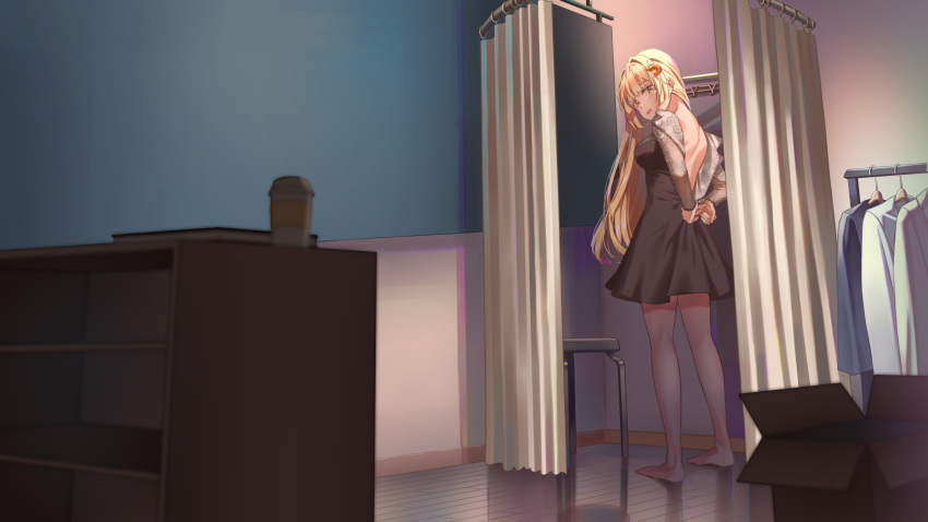 1girl bangs barefoot blonde_hair blunt_bangs breasts dress dressing dressing_room full_body gonzz_(gon2rix) hair_ornament highres indoors large_breasts long_hair long_sleeves looking_at_viewer looking_back mirror open_mouth original sidelocks solo thighs two-tone_dress unzipped yellow_eyes