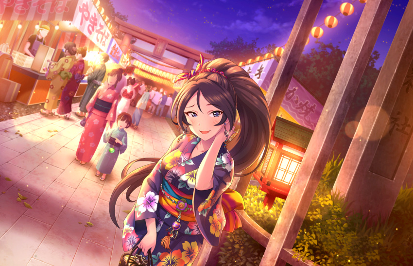 black_hair green_eyes idolmaster_cinderella_girls_starlight_stage kimono long_hair ponytail smile sugisaka_umi