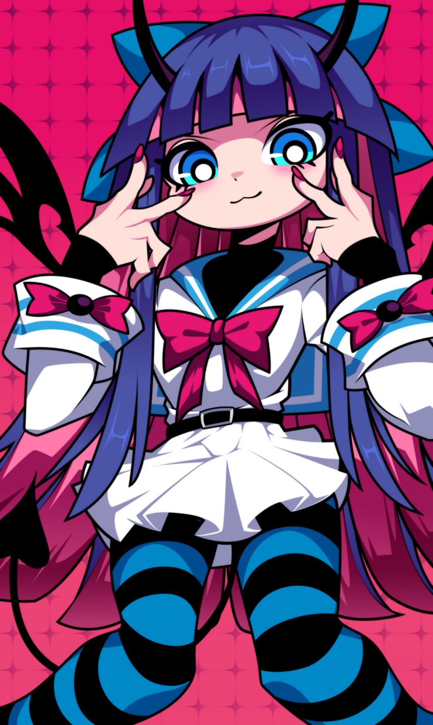 :3 absurdres bangs belt black_horns black_legwear blue_bow blue_eyes blue_legwear blue_sailor_collar blunt_bangs bow demon_horns demon_tail demon_wings double_v dqn_(rokomoko0) hair_bow highres horns long_hair looking_at_viewer mini_wings multicolored_hair panty_&amp;_stocking_with_garterbelt pink_background pink_bow pink_hair purple_hair sailor_collar school_uniform serafuku skirt spoilers stocking_(psg) striped striped_legwear tail two-tone_hair v v_over_eye white_skirt wings