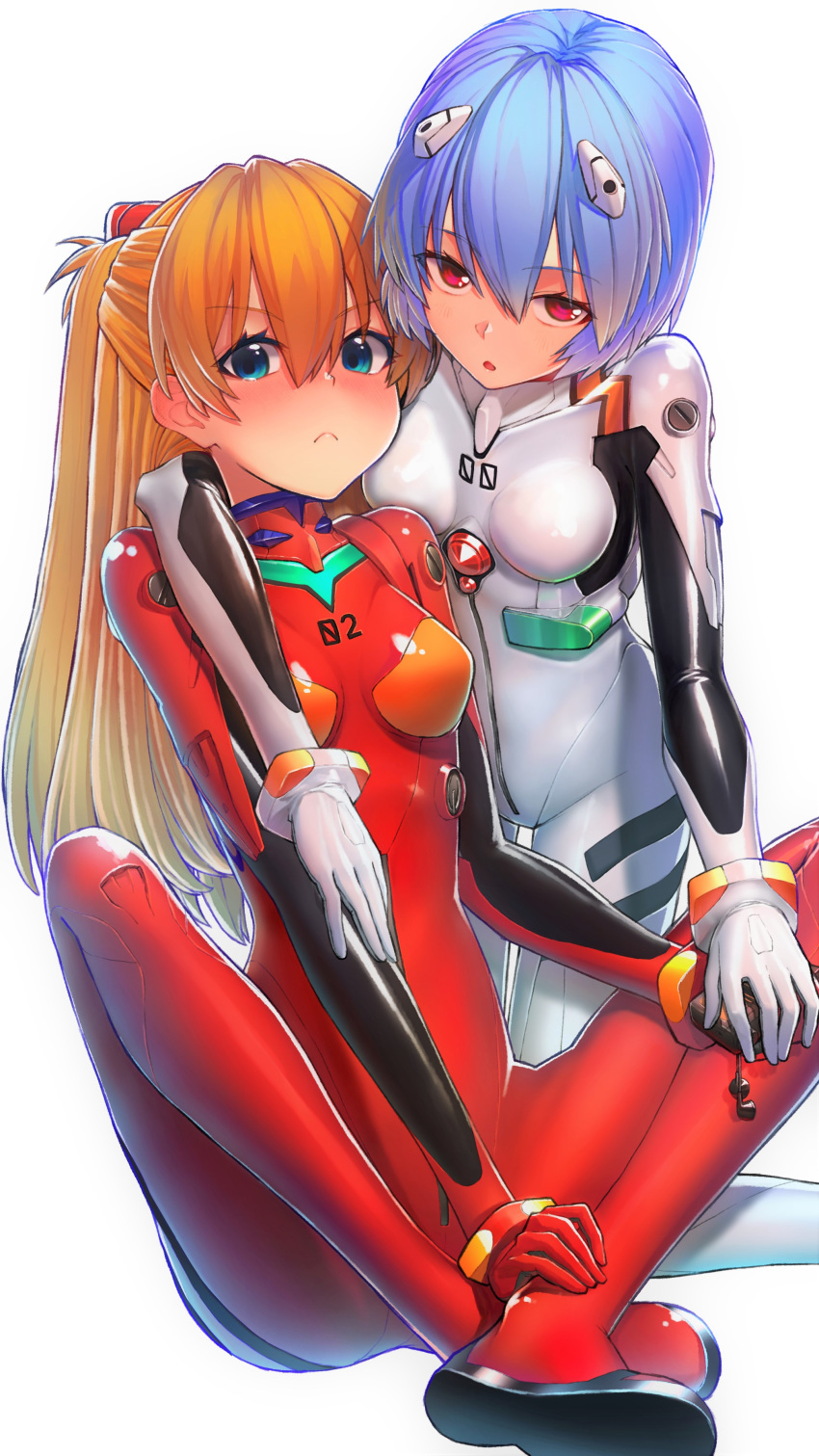 2girls absurdres arm_around_neck ayanami_rei bangs blue_eyes blue_hair blush bodysuit breasts breasts_apart brown_hair closed_mouth eyebrows_visible_through_hair frown hair_between_eyes hand_on_ankle hand_on_hand highres indian_style kneeling long_hair looking_at_viewer multiple_girls neon_genesis_evangelion open_mouth plugsuit red_bodysuit red_eyes shiny shiny_clothes short_hair sitting small_breasts souryuu_asuka_langley tihoro1609 very_long_hair white_bodysuit yuri
