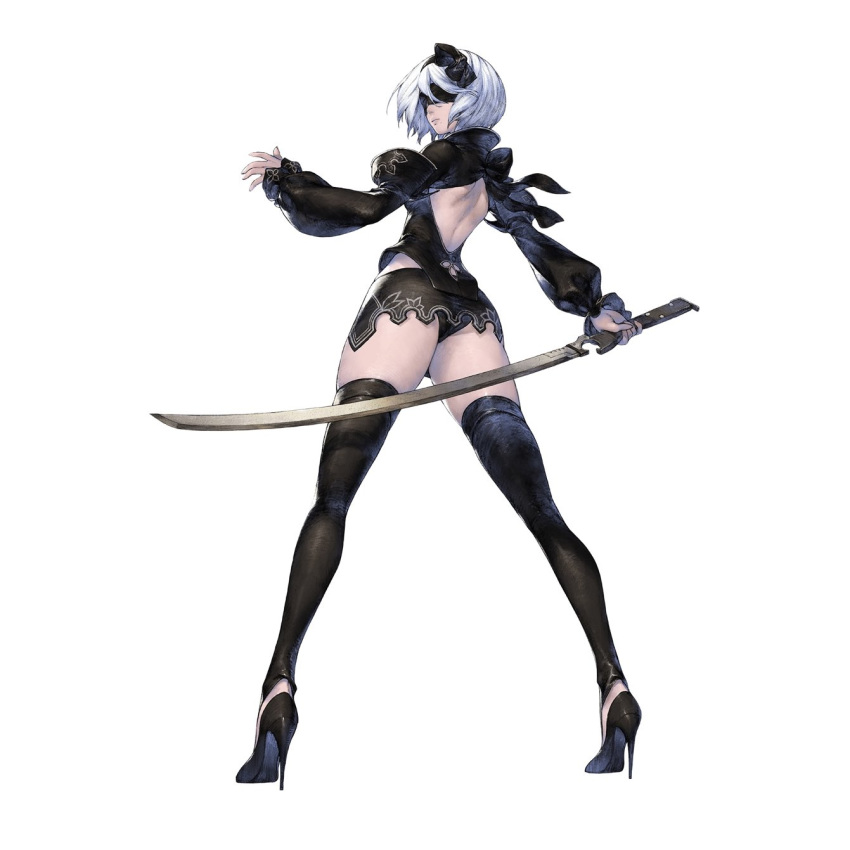 1girl ass backless_outfit bangs black_footwear black_legwear black_panties blindfold closed_mouth detached_sleeves from_behind full_body hairband high_heels highres holding holding_sword holding_weapon long_sleeves miniskirt mole mole_under_mouth nier_(series) nier_automata panties short_hair simple_background skirt solo standing sword thigh-highs thighs underwear weapon white_background white_hair yorha_no._2_type_b