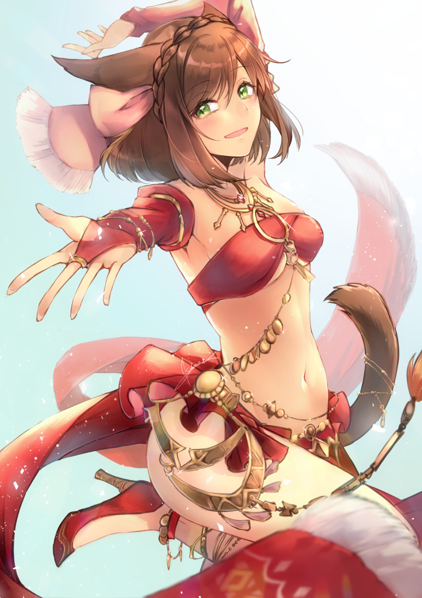 1girl :d animal_ears anklet arm_up bangs bracelet braid breasts bridal_gauntlets brown_hair cat_ears cat_girl cat_tail crown_braid dancer dancer_(final_fantasy) eyebrows_visible_through_hair final_fantasy final_fantasy_xiv glint gradient gradient_background green_eyes hair_between_eyes hair_ribbon high_heels highres jewelry leg_up loincloth medium_breasts miqo'te nanase_kokono navel necklace open_mouth outstretched_arm pink_ribbon red_footwear ribbon shoes short_hair signature slit_pupils smile solo sparkle swept_bangs tail tail_ring under_boob