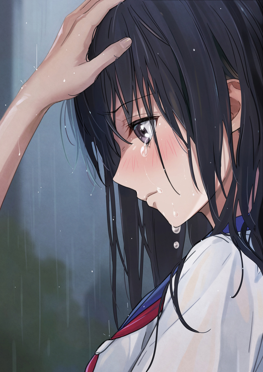 1girl azuki_yui bangs black_eyes black_hair blurry blurry_background crying crying_with_eyes_open gloomy hair_over_eyes hair_over_shoulder hand_on_another's_head highres looking_down neckerchief original outdoors rain red_neckwear school_uniform serafuku solo_focus tears upper_body water_drop wet wet_clothes wet_hair