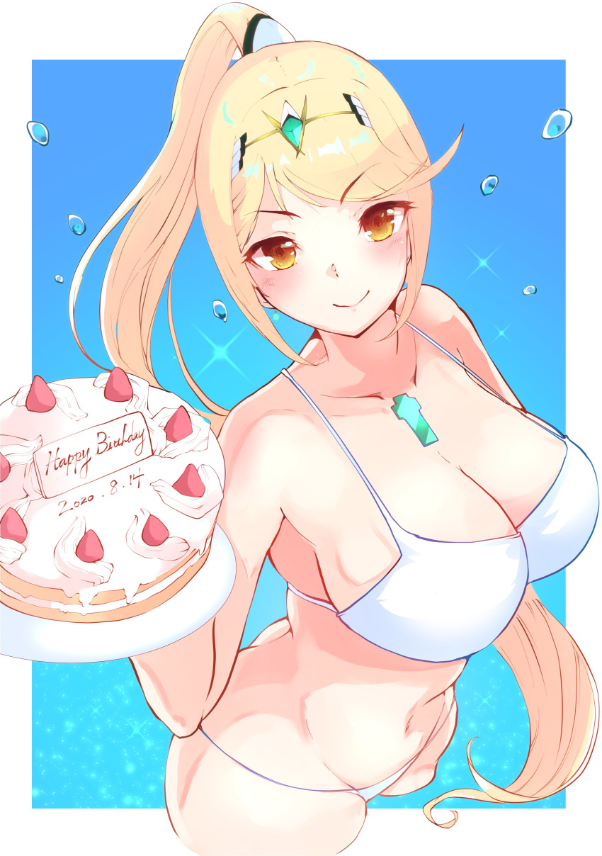 1girl absurdres alternate_hairstyle bangs bikini blonde_hair blue_background blush border breasts cake chest_jewel cowboy_shot food from_above happy_birthday highres mythra_(xenoblade) holding holding_cake holding_food large_breasts long_hair long_ponytail looking_at_viewer risumi_(taka-fallcherryblossom) smile solo swept_bangs swimsuit tiara very_long_hair white_bikini white_border xenoblade_(series) xenoblade_2 yellow_eyes