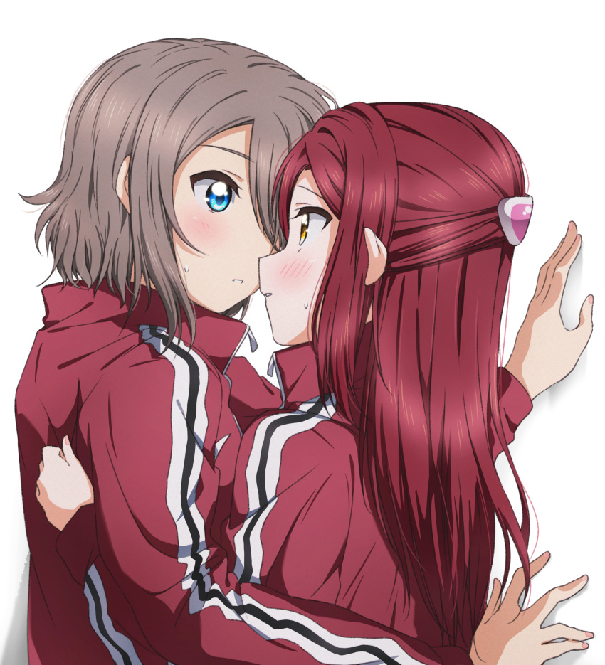 2girls absurdres blue_eyes blush brown_hair couple eye_contact from_side hair_ornament highres jacket long_hair long_sleeves looking_at_another love_live! love_live!_sunshine!! multiple_girls parted_lips red_jacket redhead sakurauchi_riko shiny shiny_hair simple_background sweatdrop track_jacket upper_body watanabe_you white_background yellow_eyes yuchi_(salmon-1000) yuri