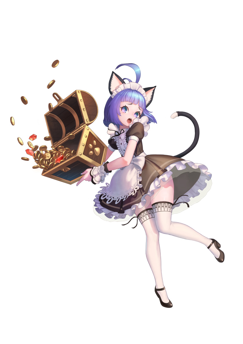 1girl absurdres ahoge animal_ears apron black_dress black_footwear blue_eyes blue_hair botro cat_ears cat_tail coin dress elin full_body gem gold high_heels highres huge_ahoge legs maid maid_headdress open_mouth shoes short_hair simple_background solo tail tera_online thigh-highs thighs treasure treasure_chest waist_apron white_apron white_background white_legwear