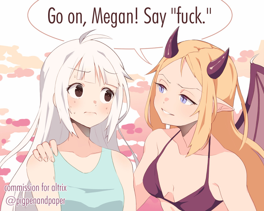 2girls antenna_hair bangs bare_shoulders bikini blonde_hair blue_eyes blue_tank_top blush borrowed_character brown_bikini brown_eyes brown_wings closed_mouth collarbone commission demon_girl demon_horns demon_wings english_text eye_contact eyebrows_visible_through_hair hand_on_another's_shoulder horns long_hair looking_at_another multiple_girls numbers_(boars) original parted_bangs parted_lips pointy_ears profanity speech_bubble sweat swimsuit tank_top white_hair wings