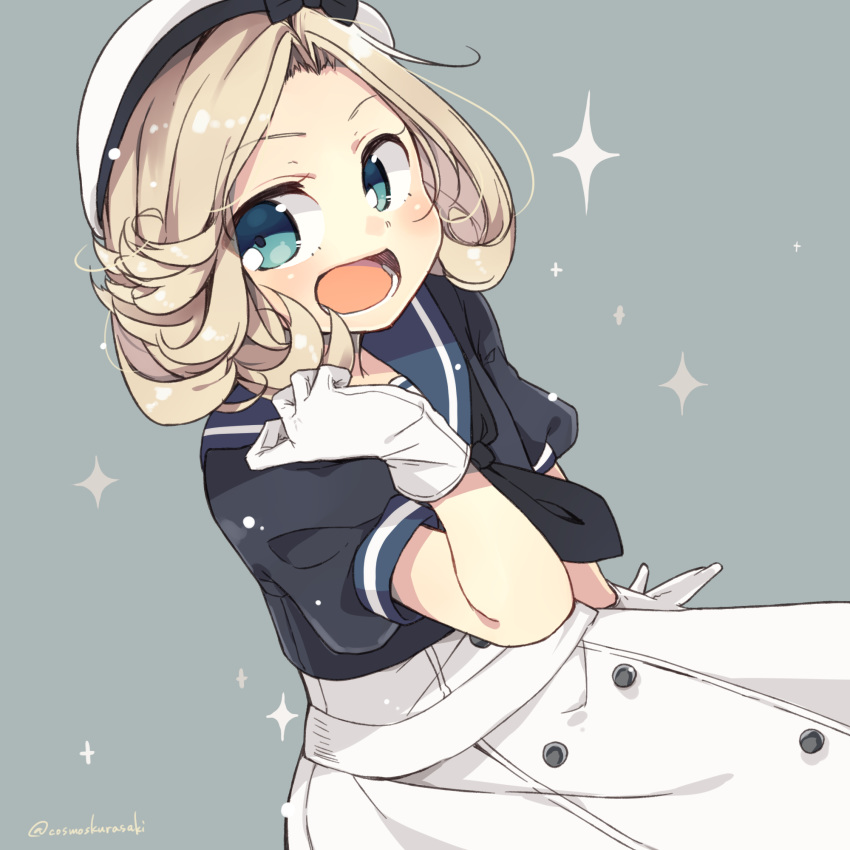 1girl bangs blonde_hair blue_eyes blue_sailor_collar commentary_request dress gloves grey_background hat highres jacket janus_(kantai_collection) kantai_collection kurasaki_cosmos looking_at_viewer open_clothes open_jacket open_mouth parted_bangs sailor_collar sailor_dress sailor_hat short_hair short_sleeves smile solo sparkle white_dress white_gloves white_headwear