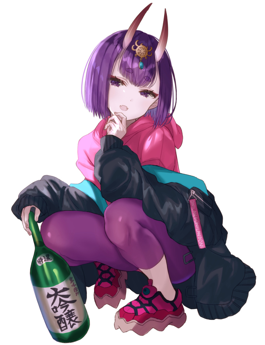 1girl bangs bob_cut bottle breasts eyeliner fangs fate/grand_order fate_(series) headpiece highres hood hooded_sweater horns jacket long_sleeves looking_at_viewer makeup off_shoulder oni oni_horns open_clothes open_jacket open_mouth pants pink_footwear pink_sweater purple_hair purple_jacket purple_pants sake_bottle shoes short_hair shuten_douji_(fate/grand_order) simple_background skin-covered_horns small_breasts smile sneakers squatting sweater tight tight_pants under_the_same_sky violet_eyes white_background yuma_(mron_322)