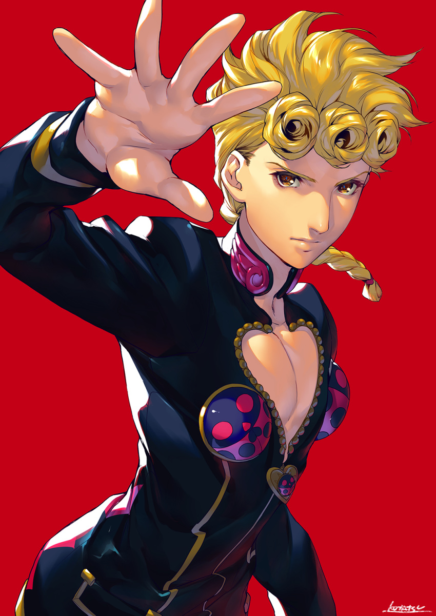 1boy black_jacket blonde_hair braid brown_eyes cleavage_cutout closed_mouth curly_hair giorno_giovanna hand_up heart_cutout highres jacket jojo_no_kimyou_na_bouken jojo_pose kotatsu_(g-rough) looking_at_viewer male_focus pose signature single_braid solo standing upper_body vento_aureo