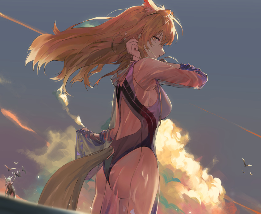 2girls arknights ass blonde_hair breasts commentary cowboy_shot floating_hair hair_down koio long_hair looking_at_viewer medium_breasts multiple_girls nearl_(arknights) one-piece_swimsuit outdoors profile shining_(arknights) standing sunset swimsuit