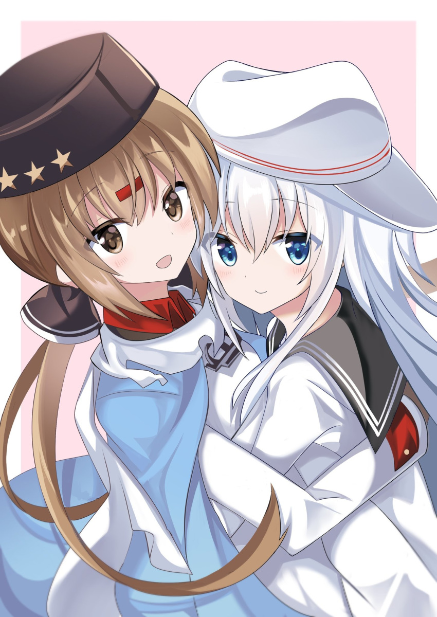 2girls anchor_necklace black_bow black_headwear black_sailor_collar blue_eyes blue_shawl border bow brown_eyes brown_hair commentary_request fathom flat_cap hair_bow hammer_and_sickle hat hibiki_(kantai_collection) highres hug jacket kantai_collection long_hair long_sleeves looking_at_viewer low_twintails multiple_girls papakha pink_background sailor_collar scarf school_uniform serafuku silver_hair smile star_(symbol) tashkent_(kantai_collection) torn_scarf twintails two-tone_background upper_body verniy_(kantai_collection) white_border white_headwear white_jacket white_scarf