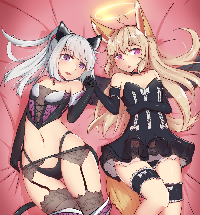 2girls ahoge animal_ears bare_shoulders black_dress black_gloves black_legwear black_panties bow bow_panties brown_hair cat_ears choker collar dog_ears dog_tail dress elbow_gloves elin fang frilled_panties frills garter_belt garter_straps gloves halo highleg highleg_panties highres holding_hands long_hair lying multiple_girls navel ocs3533 on_back open_mouth panties pink_eyes ponytail short_dress silver_hair smile strapless strapless_dress tail tera_online thigh-highs thigh_gap thigh_strap thighs underwear