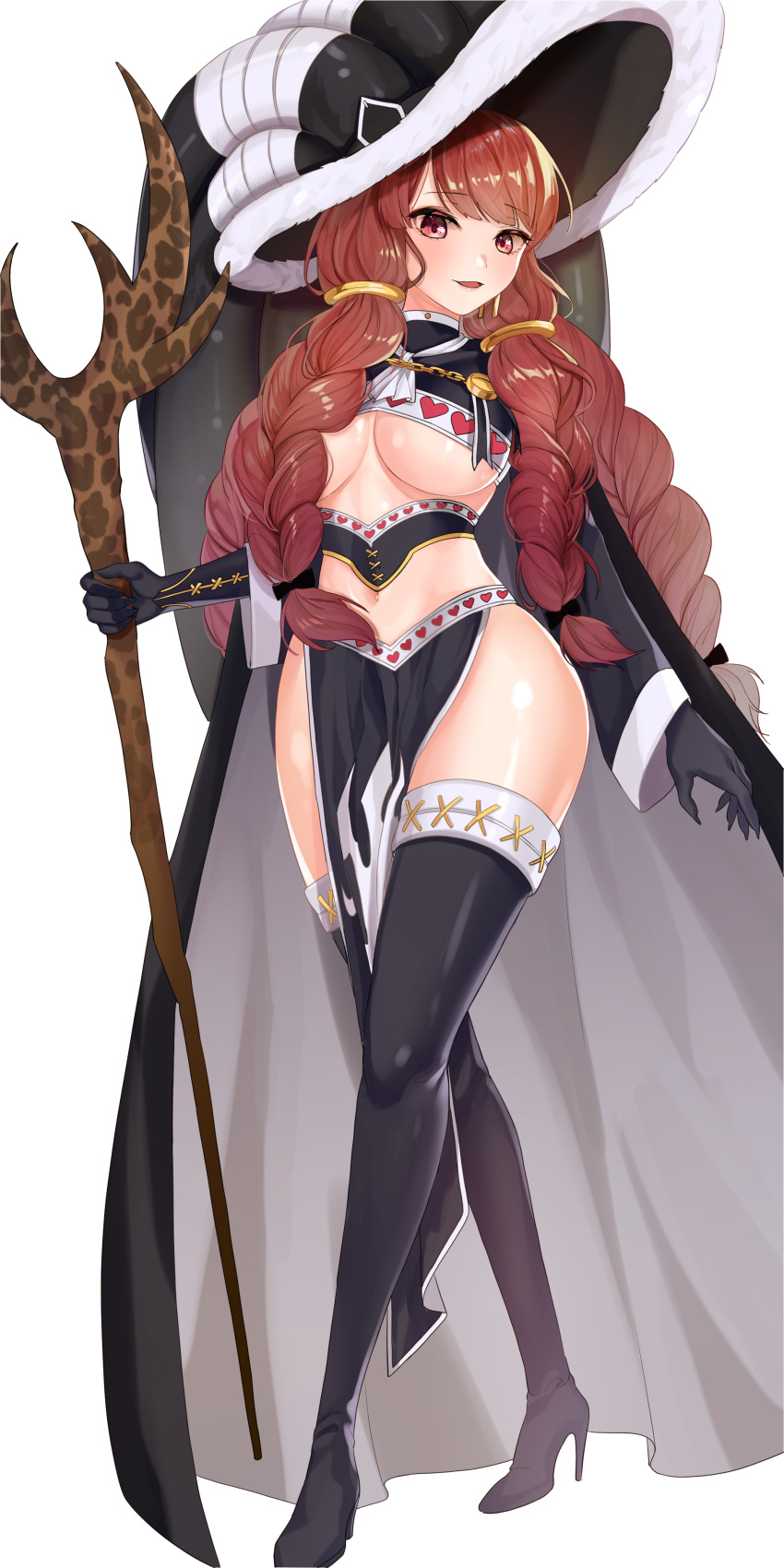 1girl absurdres bangs black_cape black_footwear black_gloves boots braid breasts brown_eyes brown_hair cape eyebrows_visible_through_hair fairy_tail full_body gloves high_heel_boots high_heels highres holding holding_staff irene_belserion large_breasts lillly long_hair midriff navel open_mouth shiny shiny_hair shiny_skin simple_background solo staff standing stomach thigh-highs thigh_boots under_boob very_long_hair white_background zettai_ryouiki