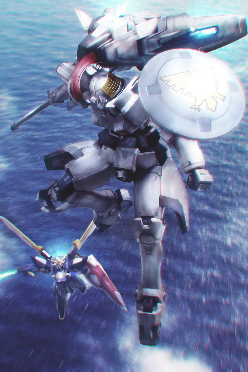 atuki_mk2 diorama gun gundam highres holding holding_gun holding_weapon mecha mecha_request ocean shield tallgeese thrusters weapon