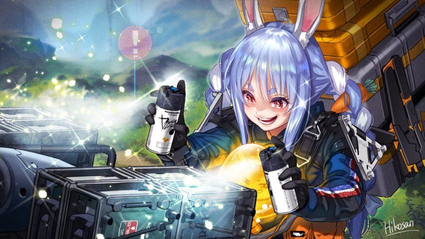 1girl animal_ears artist_name bangs blue_hair blue_suit braid bunny_girl can carrot commentary_request container cosplay death_stranding eyebrows_visible_through_hair grin hair_between_eyes highres hikosan20216917 holding holding_can hololive long_hair open_mouth outdoors rabbit_ears red_eyes rigging sam_porter_bridges sam_porter_bridges_(cosplay) sidelocks smile solo sparkle spray_can twin_braids usada_pekora white_hair